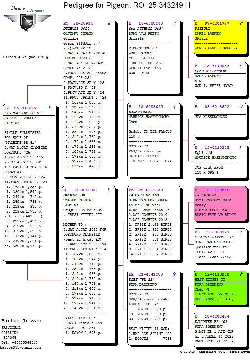 2.RO-25-343249 F ♀ Sora cu MACHINE PB 61 Stroe & Bartos Loc 3 National cat. A Olimpiada Dortmund 2026 6 x Locuri de 1 - imagine 2